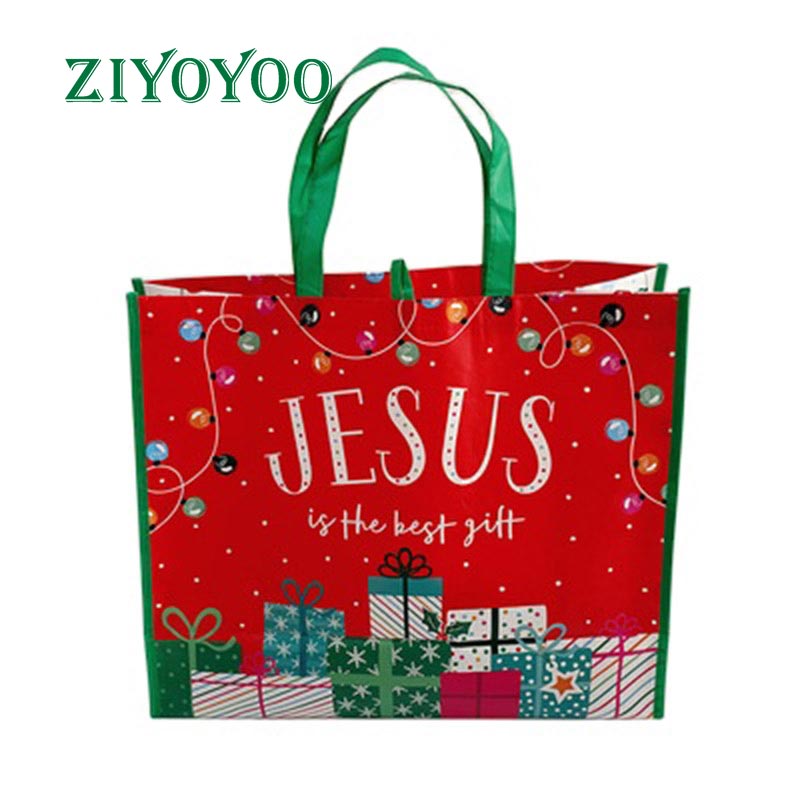 2022 New Year Christmas Santa Party Laminated Green Red Non Woven Shopping Xmas Gift Packing Tote Bag