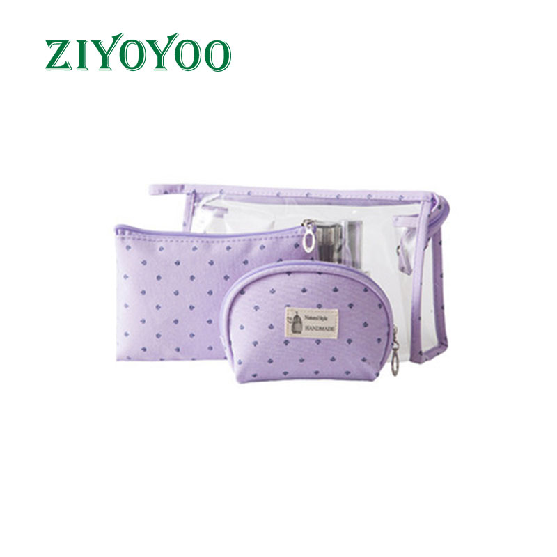 2021 Ladies Purple Clear PVC cover Canvas Cotton Brush 3 PCS Cosmetic Makeup Bag Set