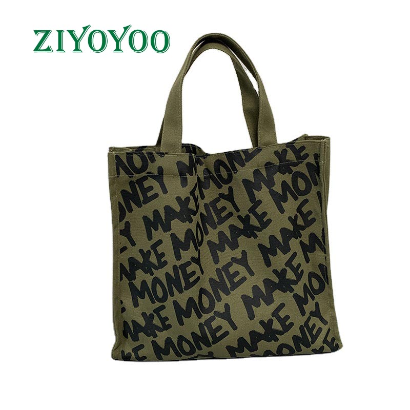 Fashion Green Canvas Fabric Thick Canvas Tote Printed Low Minimum Order Canvas Shopping Bag Custom