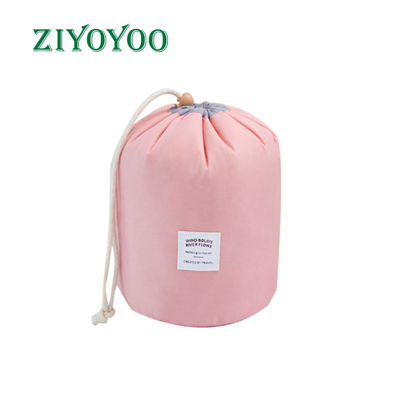 Large Capacity Cylindrical Barrel Shaped Custom Women Travel Pink Nylon Drawstring Makeup Bag