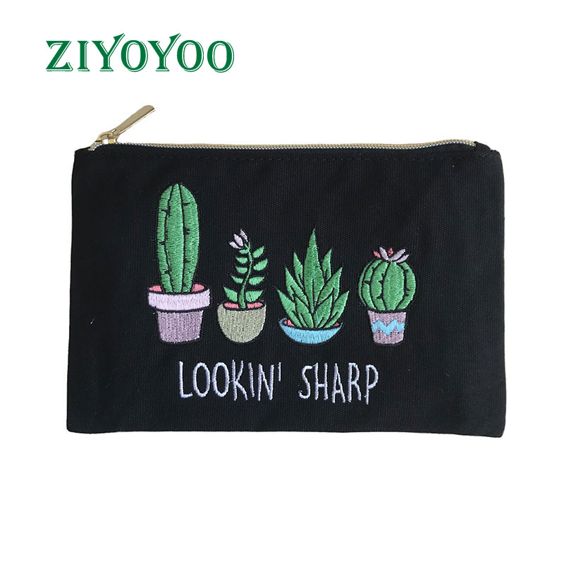 Low MOQ Custom Logo Embroidery Craft Black Canvas Cotton Cosmetic Makeup Zippered Bag