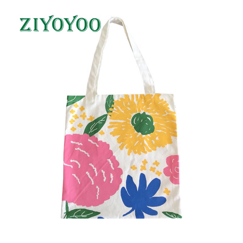 Manufacturer Fabric 34*40 cm White Organic Fabric Women Custom Flower Logo Canvas Tote Handle Bag, Custom Bags Canvas