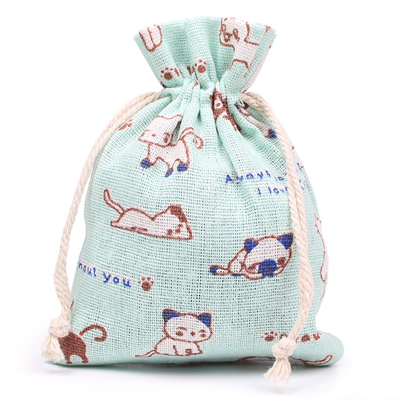 White Kitten Print Jute Drawstring Bag